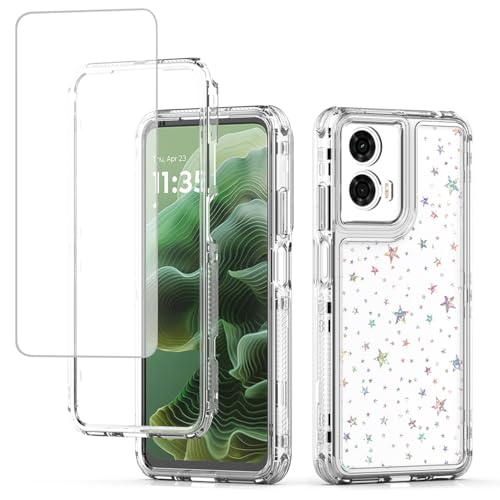 Tothedu for Moto G35 Case, Motorola G 35 5G Case with Tempered Glass Screen Protector, Holographic Pattern Clear Full Body 3 Layer Protective Phone Cover for Motorola Moto G35 Star