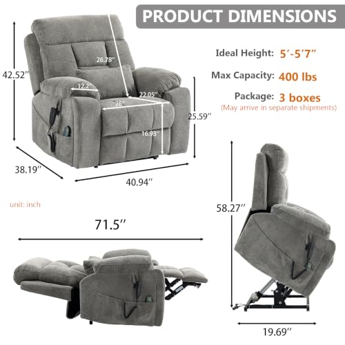 Image of Oversized Power Lift Recliner for Big & Tall, 26 inch Wide Seat, Gray