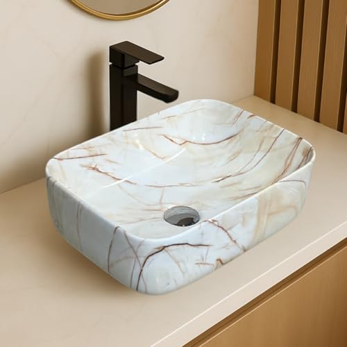 Image of Artiva Ceramic Wash Basin /Tabletop Washbasin For Bathroom,12 inchx16 inch /Small Countetop Bathroom Basin /Table Top Basin For Home,Office,Hotel /Rectangle Glossy Sink (Marbo-Beige,12x16 Inch)
