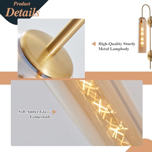 Image of BOKT 1 Light Modern Amber Glass Wall Sconce 31 inch Mid Century Brushed Brass Tube Wall Sconces Lighting Gold Wall Mounted Light Fixture Indoor Bathroom Vanity Wall Lamp for Bedroom Living Room (Amber)