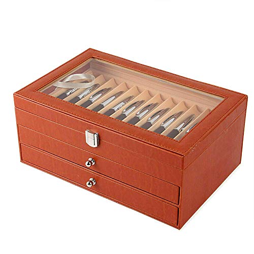 Boîte à Stylos à 36 Emplacements et 3 Couches Boîte à Tiroirs Tiroir de Rangement pour Stylos Cuir PU et Flanelle, Haut Transparent pour Exposer et Ranger vos Stylos (Orange) Cover