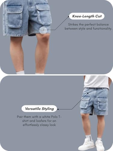 Image of GRECIILOOKS Denim Cargo Shorts for Men Stylish | Washed Jeans Half Pant for Men | Knee Length Cargo Shorts for Mens | Regular Fit Mens Pant Casual, Utility Streetwear Jorts, Travel Summer Wear
