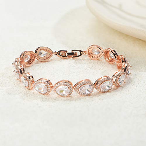 Sweetv Teardrop Rose Gold Wedding Bridal Bracelets For Brides, Crystal Rhinestone Cubic Zirconia Tennis Bracelets For Women Prom, Bridal Jewelry #TOP3