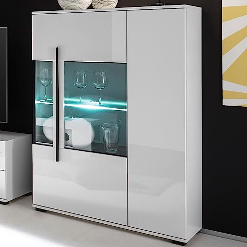 Lomadox Moderne Wohnwand in weiß Hochglanz inkl. LED mit Glaseinsätzen aus Grauglas BxHxT: 360x200x42cm – Bild 6