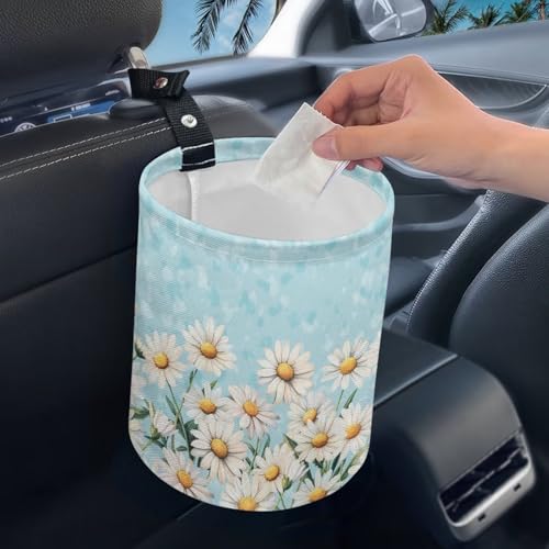 Image of Blue Daisy Car Trash Can Cute Trash Bag Vehicle Can Cars Accessories Hanging Portable Collapsible Waterproof Trash Bag for Cars