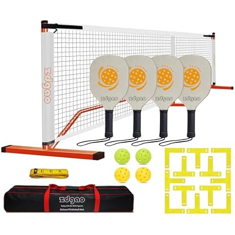 Pickleball Nets Portable Outdoor Pickle Ball Set with 4 Wooden Pickleball Paddles, 4 Pickle Balls and Court Marking Kit, Regulation Size Pickleball Net with Carrying Bag for Backyard, Driveway Cover