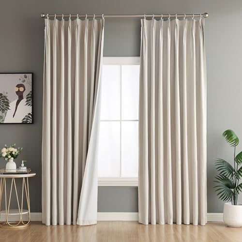 Grichril Linen Blended Pinch Pleated Curtains Full Blackout Room with Pin Hooks 52 72 Inches Width - Linen Blended Pinch Pleated Blackout Drapes Window Shades for Living Room(1 Panel,72″x90″)