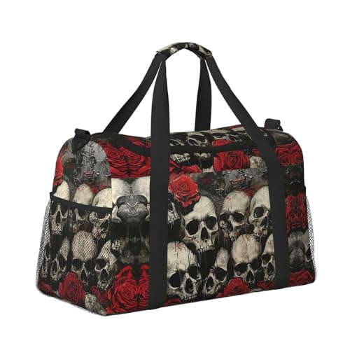 Skull And Red Rose Print Duffle Bag, Personal Item Travel Bag For Airlines, Weekender Bags For Women, Sports Tote Bag3