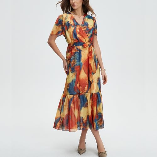 Image of Women's Summer Bohemian Floral Chiffon Dress Cap Sleeve V Neck Ruffle Long Flowy Boho Casual Vacation Dresses