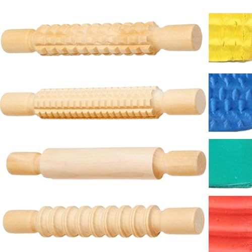 Kids Rolling Pins for Playdough – 4 Wooden Playdough Rollers & Tools for Children’s Crafts, Clay & Baking | 21cm x 3.6cm