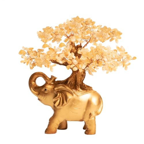 GEMBOURY Citrine Crystal Money Tree on Gold Mini Elephant Statue