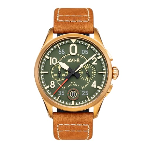 AVI-8 Herren 42mm Spitfire Lock Chronograph Bronze Green Japanische Quarz-Fliegeruhr mit Lederarmband AV-4089-02