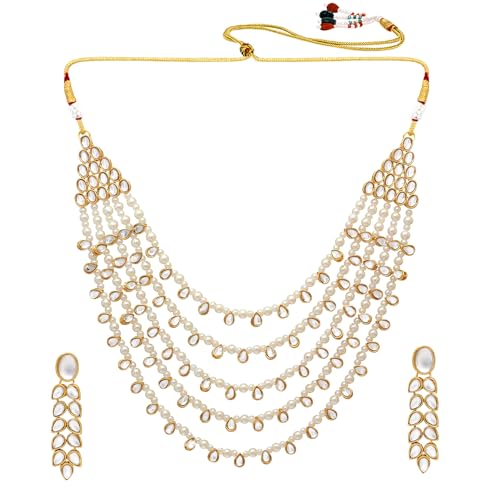Image of Peora Faux Pearl Kundan Layered Necklace & Jewellery Set Gift for Women