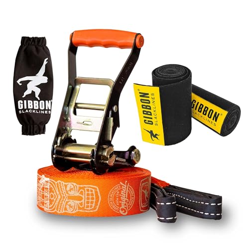 Gibbon Slacklines Travel Line | Leichtes, Kompaktes 15m Slackline-Set für Anfänger & Fortgeschrittene | TÜV-geprüft | inkl. Ratschenschutz & TreeWear | Ideal für Reisen & Urlaub