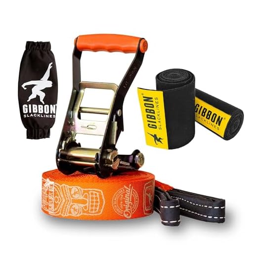 Gibbon Slacklines Travel Line | Leichtes, Kompaktes 15m Slackline-Set für Anfänger & Fortgeschrittene | TÜV-geprüft | inkl. Ratschenschutz & TreeWear | Ideal für Reisen & Urlaub