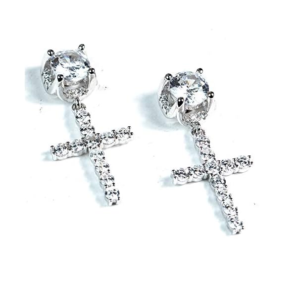 Mens Cross Drop Hanging Sterling Silver Cz Iced Stud Dangle Hoop Earrings