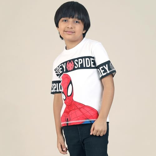 Image of Kidsville Official Marvel Avengers Spiderman Boys Half Sleeve Round Neck White Graphic Printed Cotton T-Shirts for Kid Boys