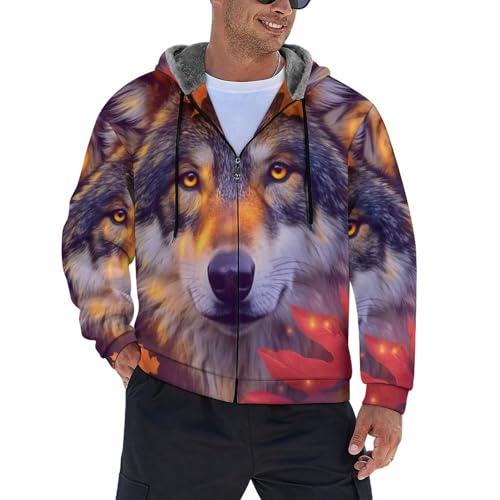 Sweat à capuche en polaire mélangée épaisse premium veste zippée motif loup