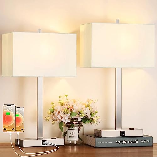 【Upgraded】21" Set Of 2 Bedside Touch Control Table Lamp With Usb A+C Charging Ports & Ac Outlet, 3-Way Dimmable Modern Nightstand Lamp With White Shade For Bedroom, 2700K Led Bulbs Included #TOP11