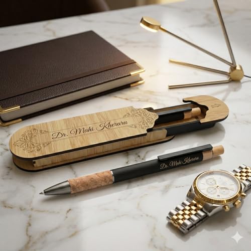 Image of Kajri Gifts Personalized Pen with Name Engraved Wooden Gift Box Best for Gifting, Corporate Gift, Doctor, Advocate, Boss, Employee, Teacher (Cork Black)