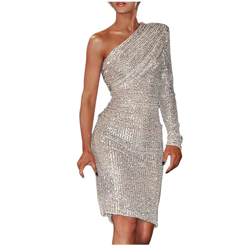 XUNRYAN Sequin Dresses Women Off Shoulder Long Sleeve Dress Slash Neck Sparkly Glitter Evening Party Ball Gown Formal Outfit Silver