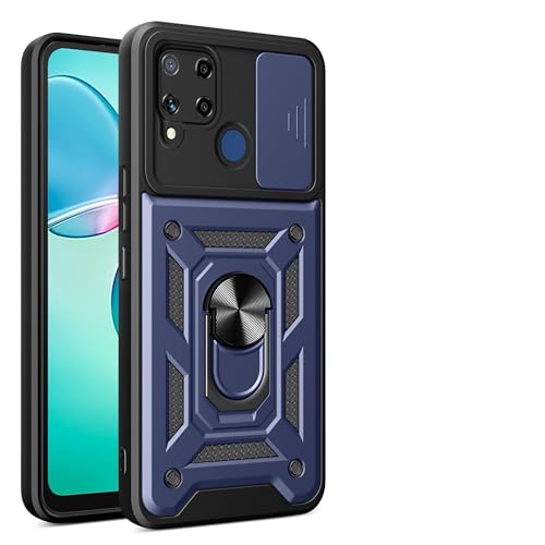 JayModCase Funda para OPPO Realme C25/C15 Carcasa con Protección Militar Antigolpes, Cubierta de Cámara Deslizante y Soporte de Anillo Giratorio 360° Case for Realme C15 - Azul