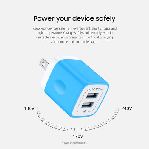 Image of USB Wall Charger, [2-Pack] 5V /2.1AMP AILKIN 2-Port USB Home Charger Block | Travel Plug Power Adapter Charging Box for iPhone 17e 17 Air 16 16e15 14 13 12 Pro Max Mini SE 11 11Pro Plus, Samsung