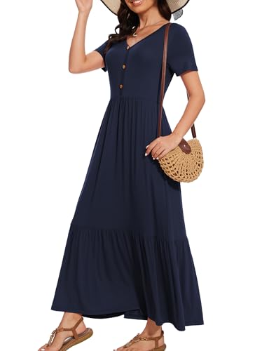 Image of VIISHOW Women's Short Sleeve Maxi Dress 2026 Summer V Neck Knit Loose Plain Empire Waist Casual Dresses with Pockets
