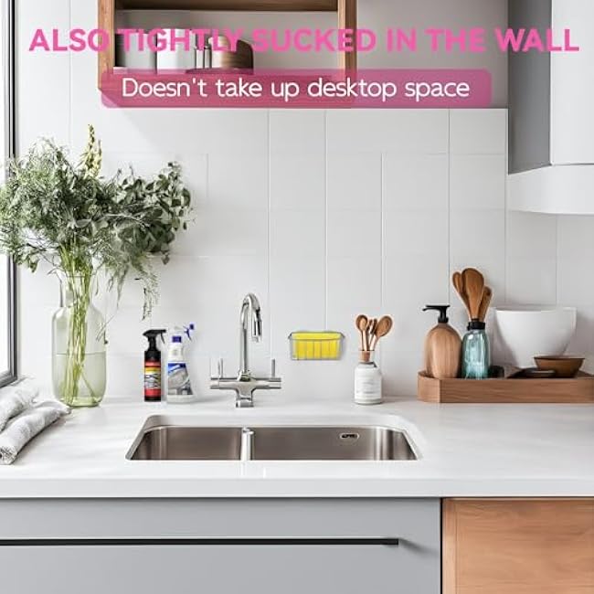 Linemoon Sponge Holder for Kitchen Sink Caddy with 2 Suction Cups, Efficient Sponge Caddy for Kitchen Storage, Rustproof, Highly Adhesive Silver