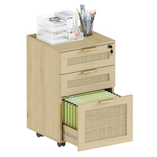 HOPUBUY 3 Drawer File Cabinet with Lock, Rattan File Cabinets with Wheels, Small Filing Cabinet for...