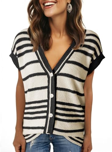Dokotoo Sweater Vest Women Striped V Neck Button Vest for Women Vest Top Spring Cardigan Sweaters for Women 2025