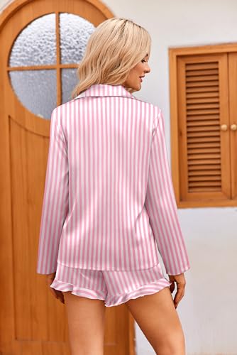 Image of Ekouaer Womens Satin Pajama Sets Long Sleeve Top and Shorts Lounge Set Button Down Sleepwear