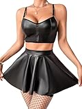 Kaei&Shi Rave Outfit For Women Festival,Goth Faux Leather Skirt Set,Sexy Two Piece Outfits Club Night Halloween Black Large