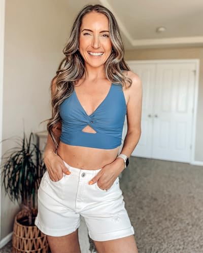 Image of GRAPENT Bikini Tops for Women Cropped StrapCore Tankini Tops Beach Padded Knot Twist Cut Out Adjustable Swimwear Top Only