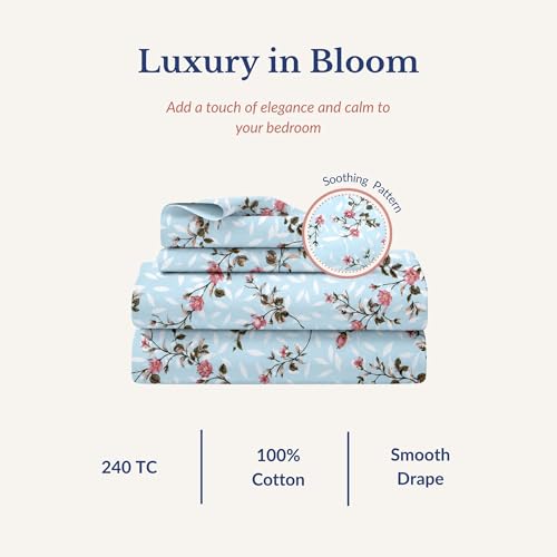 Image of Jaipur Weaves Bedsheet Single Size 100% Pure Cotton Bed Sheet with 1 Pillow Cover, 240 TC Premium Bedding Set, 63x90 inches, Super Soft Cozy(Spring Tulips Blue)