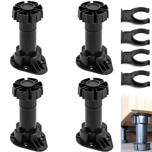 ANBOO Lot de 4 Pied de Meuble Noires, 100-120mm Pieds Meuble Cuisine Réglables en Plastique, Pied de Meuble Reglable pour Table, Lit, Canapé, Cuisine, Armoire
