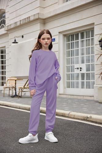 Arshiner Girls 2 Piece Outfits Tracksuits Casual Crewneck Sweatshirts Side Zipper Pullover and High Waisted Sweatpants Set4