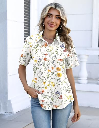 Image of Zeagoo Button Down Shirts for Women Short Sleeve Collared Tops Dressy Casual V Neck Blouses