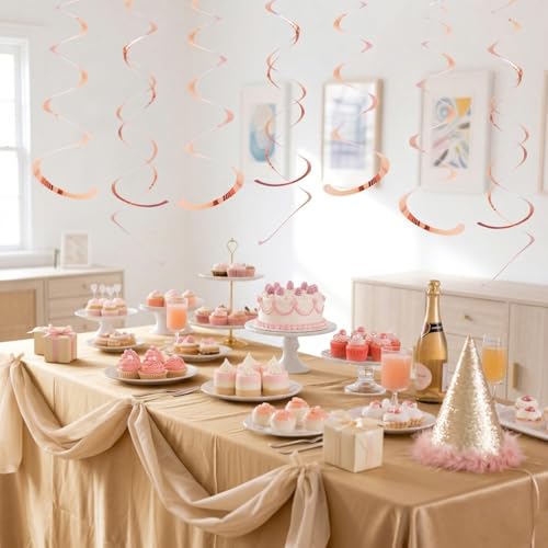 Image of Party Swirl Decorations Hot Pink Shinny Foil Hanging Swirl Decorations Plastic Streamer for Ceiling Plastic Streamer for Party Decorations Metallic Hanging Swirl Pack of 30 (Rose Gold)