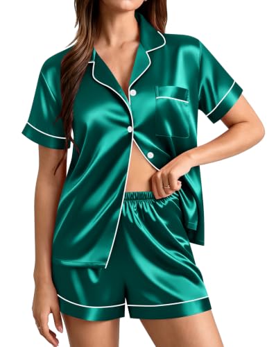 Image of SWOMOG Womens Silk Satin Pajamas Set Short Sleeve Sleepwear Button Down Top and Shorts Loungewear 2 Piece Pjs Set XS-3XL