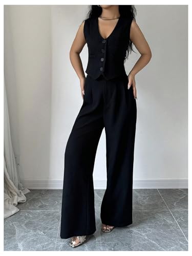 Chic Black Women's Business Suit Sets – WDIRARA 2 Piece Sleeveless Blazer & Wide Leg Pants in Medium - Image 3