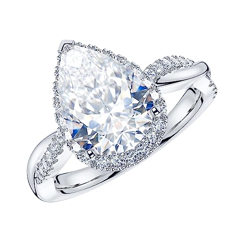 THELANDA Sterling Silver Petite Twisted Vine 3CT Teardrop Pear-Shaped Genuine Moissanite Halo Engagement Ring Promise Ring