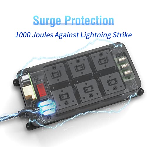 Outdoor Power Strip Weatherproof, 6 Outlets Waterproof Surge Protector With 3 Usb Ports, 6 Ft Extension Cord, Shockproof Overload Protection, Wall Mountable For Home Office Patio Porch, Black #TOP3