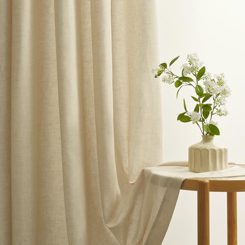 Topfinel Cortina Translúcida Beige Natural 140x225 cm, Lino y Algodón con Ojales, 2 Unidades, Decorativa Moderna para Salón, Dormitorio, Cocina