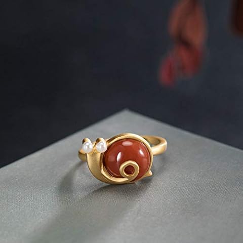 ZHOUBINBIN 925 Sterling Silver Ring,Adjustable Ring South Red Agate Snail Inlaid Open Ring Female Personality Palace Ethnic Ornament Simple Fashion Unique Jewelry Fine Gift Cover