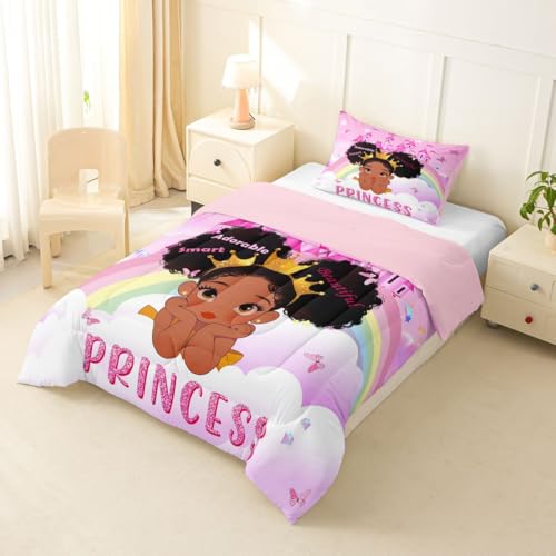 Image of Erosebridal Black Girls Twin Bedding Set Rainbow Princess Magical Comforter Set for Nursery Kids African American Quilt Black Princess Girl Duvet Insert Pretty Little Girls Inspirational Bed Set