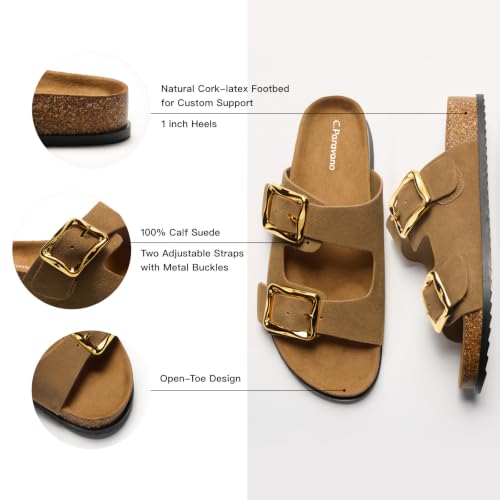 Image of C.Paravano Women Suede Leather Slide Sandal Slip on Wide Width Arch Support | Flat feet friendly, Contoured cushioned footbed, Wide-foot friendly, Great for walking, Adjustable metal buckle, Beach sandal