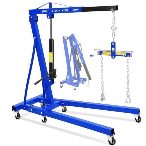 Garvee 2-Ton Folding Engine Hoist with Leveler 4400 Lbs Capacity Hydraulic Shop Crane with 6 Casters Portable Foldable Cherry Picker for Garage Workshop Warehouse Heavy-Duty Blue