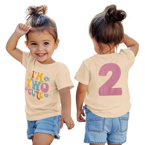 KEKEMI Birthday Shirt for Toddler Girl IM Two Cute Birthday Girl T-Shirt 2T B-Day Party Outfit Short Sleeve Tee Tops Clothes(Beige 2T)