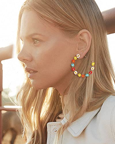 Beaded Flower Earrings For Women Colorful Bead Hoop Earring Bohemia Floral Open Circle Earring Summer Beach Jewelry (Multicolor) #TOP1